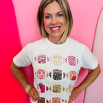 Colorful disco football graphic tee with leopard, floral, and checker details.