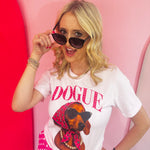 Pink Bella Canvas tee with rhinestone dachshund wearing sunglasses and sparkling scarf.