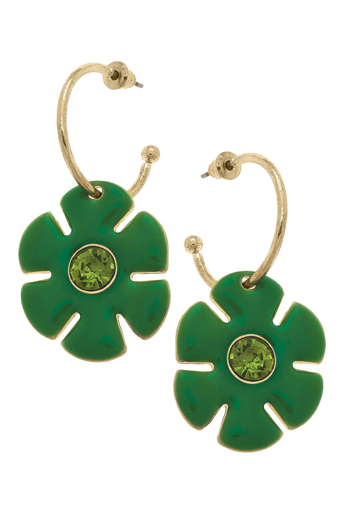 Green flower drop hoop earrings with rhinestone accents and shiny gold-tone finish.