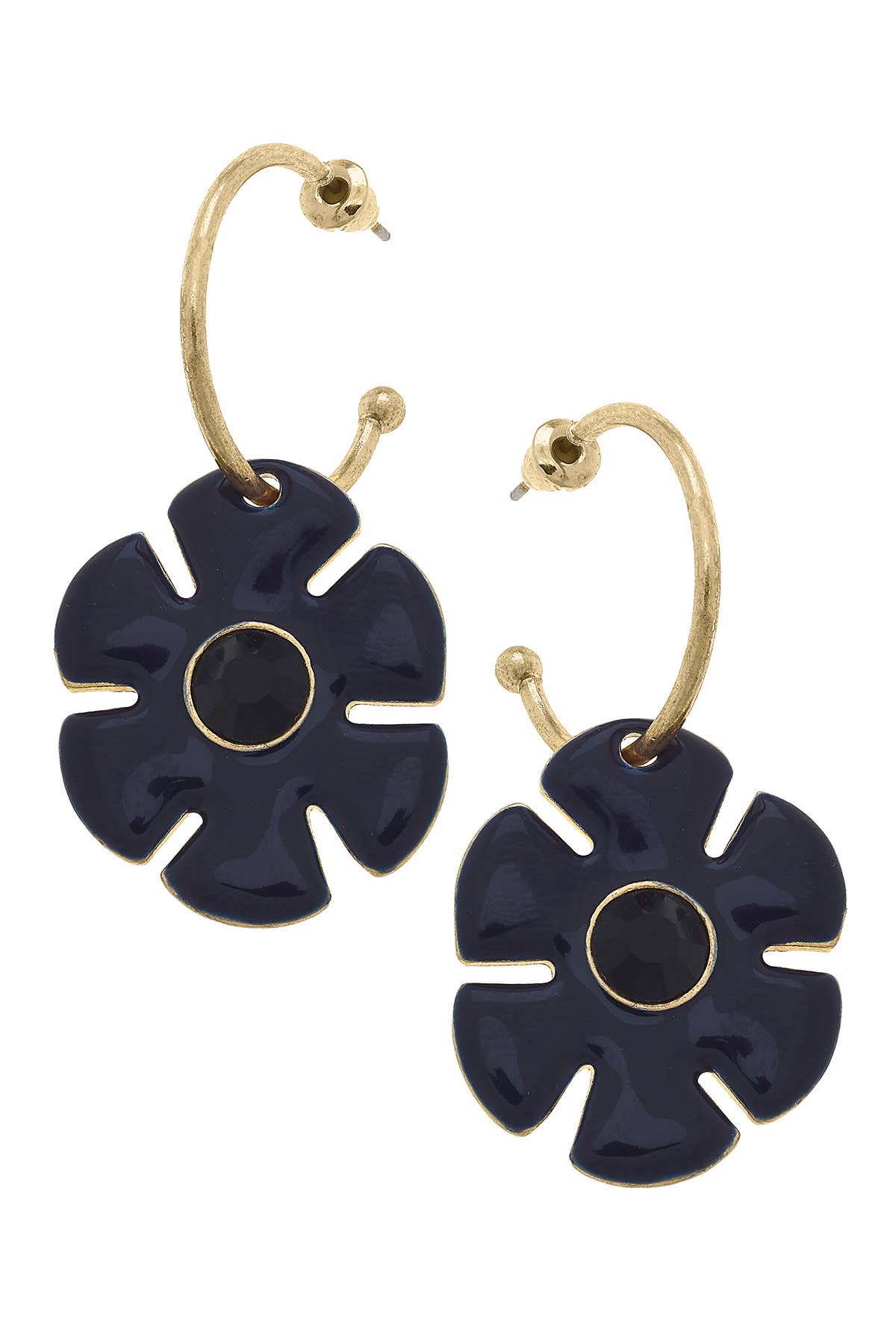 Navy flower drop hoop earrings with rhinestone accents and shiny gold-tone finish.