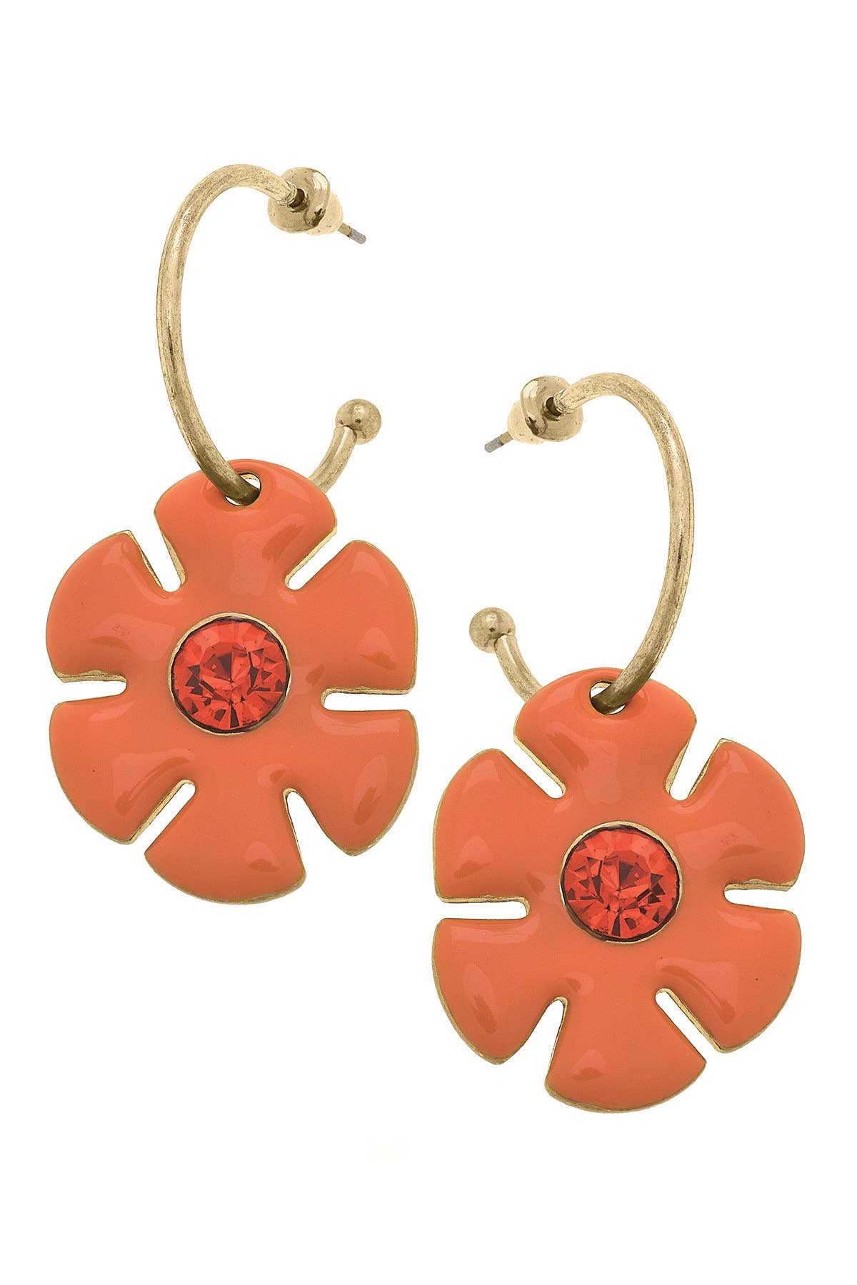 Orange flower drop hoop earrings with rhinestone accents and shiny gold-tone finish.