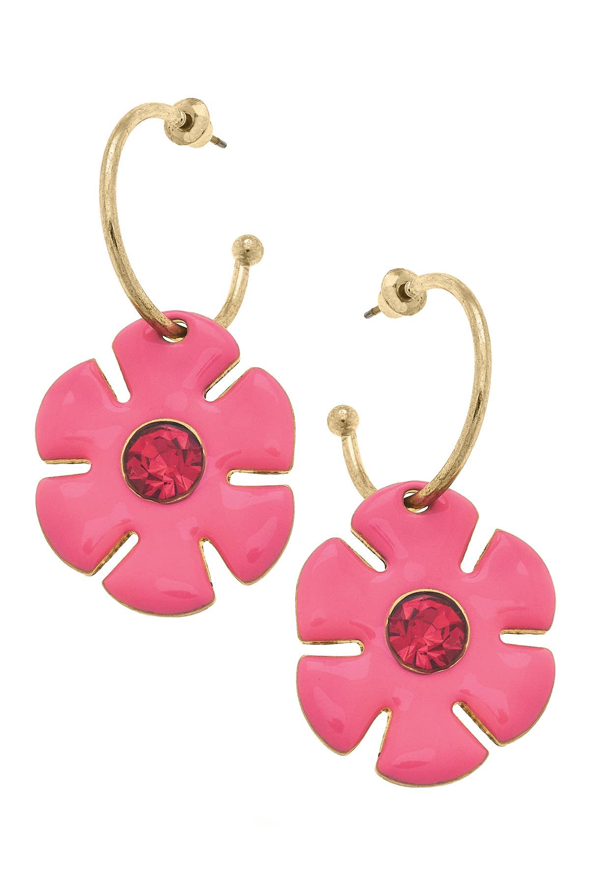 Pink flower drop hoop earrings with rhinestone accents and shiny gold-tone finish.