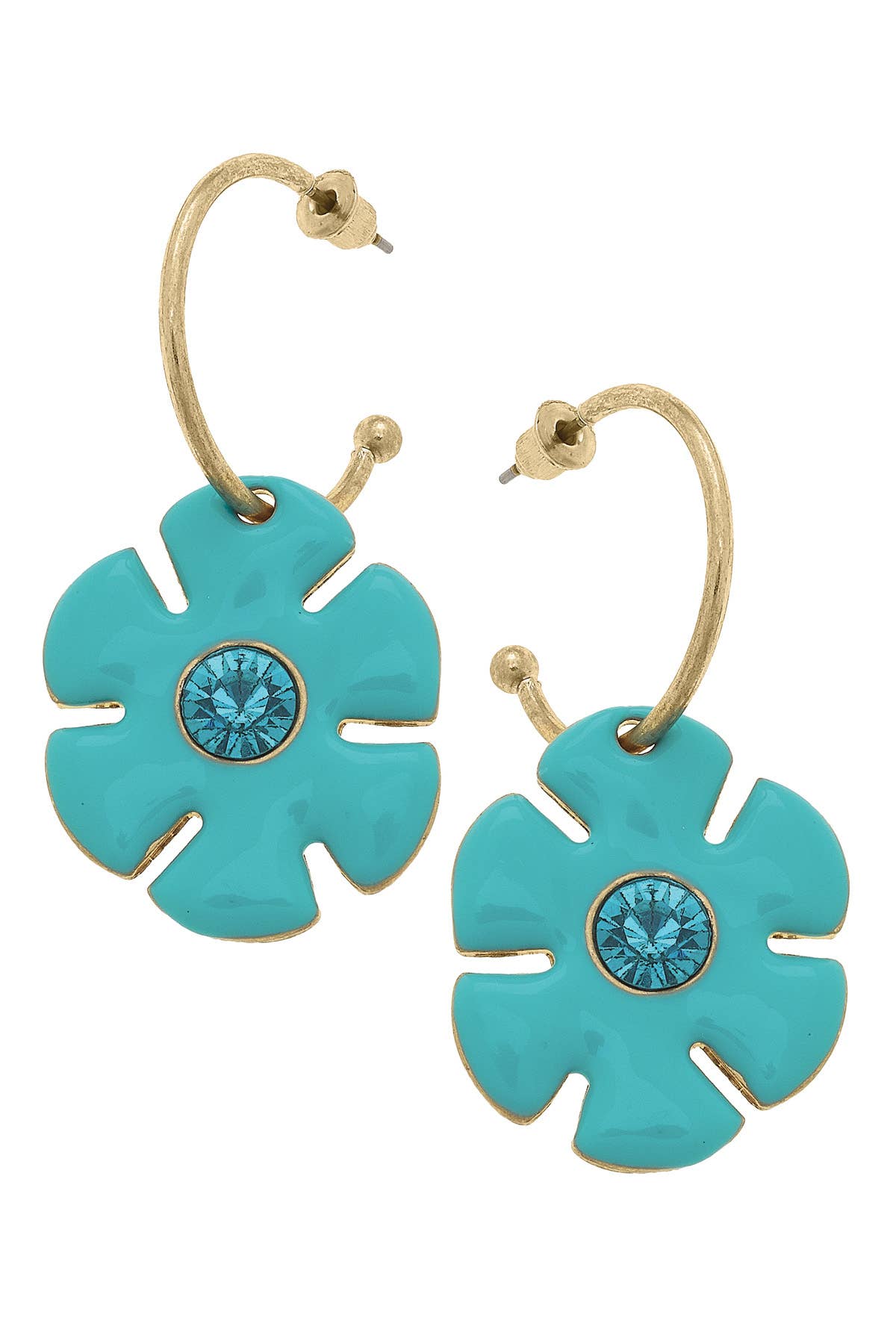 Turquoise flower drop hoop earrings with rhinestone accents and shiny gold-tone finish.