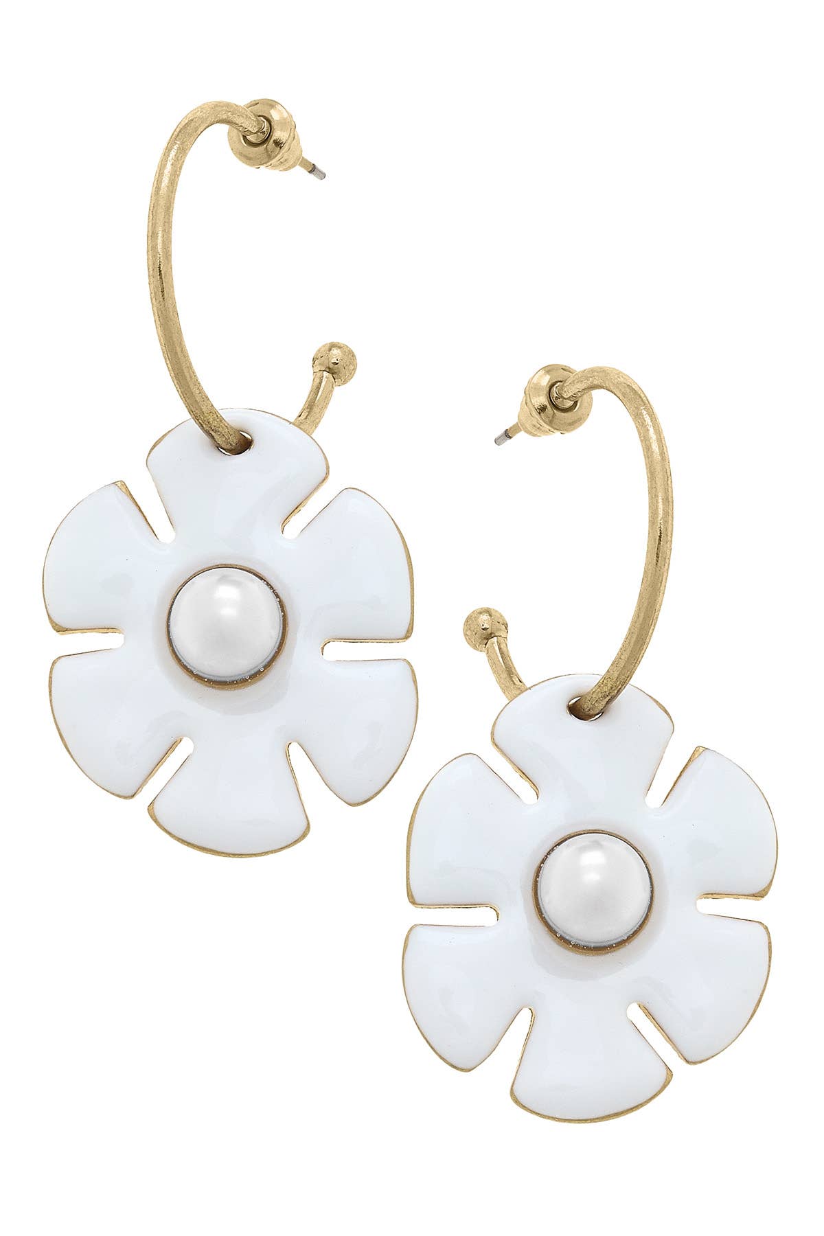White flower drop hoop earrings with rhinestone accents and shiny gold-tone finish.