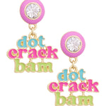Lilac Dot Crack Bam earrings with Mahjong tile-inspired enamel designs.
