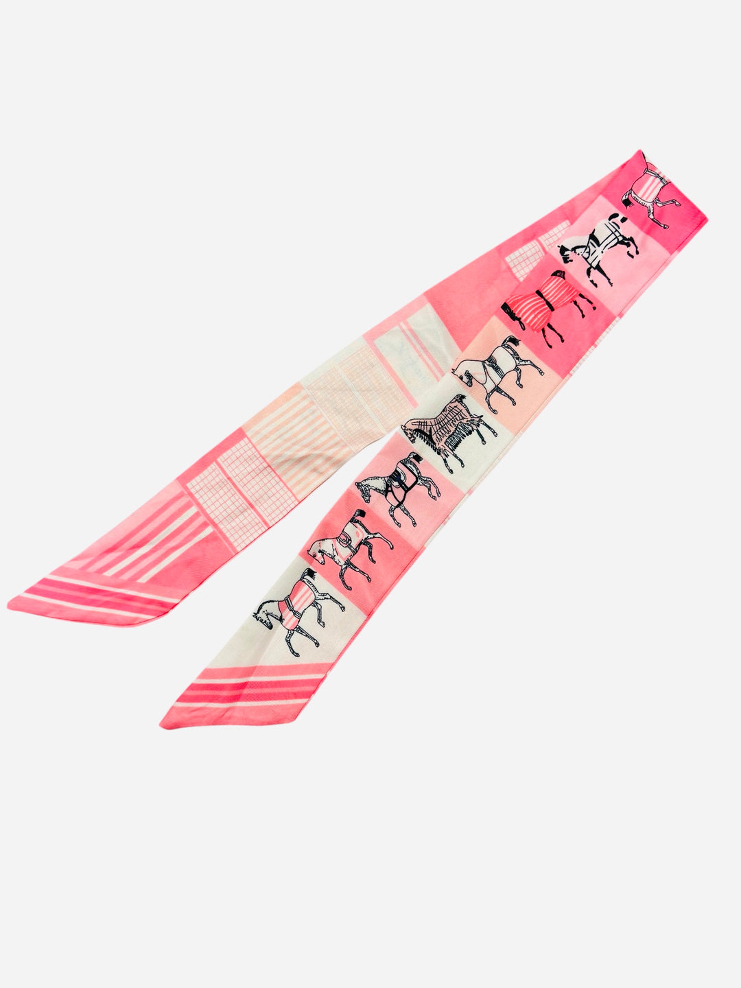 Blush pink & hot pink double sided thin scarf tie with horses and geometric stripes