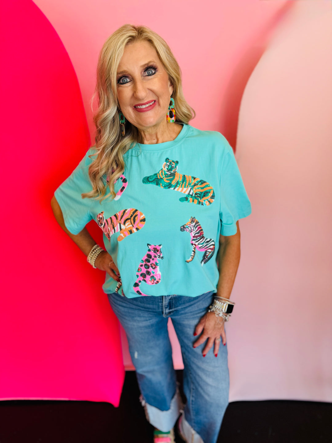 Mint  short sleeved tee with sequin safari animals.