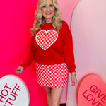 Red luxe pullover with oversized gingham heart patch and soft, stretchy comfortable fit.