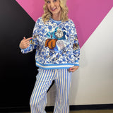 Queen Of Sparkles Blue & White Floral Vintage Santa Sweatshirt