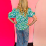 Green Leopard Print Puff Sleeve Top