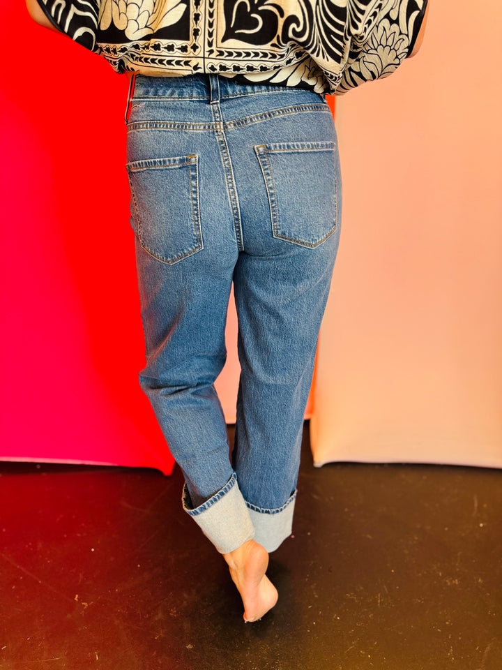 Zenana High Rise Cuffed Wide Leg Denim Jeans