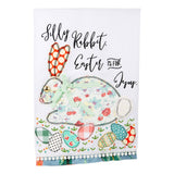 Colorful Easter tea towel with embroidered rabbit, eggs, and “Silly Rabbit, Easter Is For Jesus” quote.