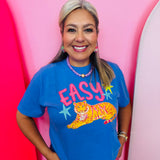 Periwinkle blue Comfort Colors tee with lounging tiger graphic and colorful EASY lettering