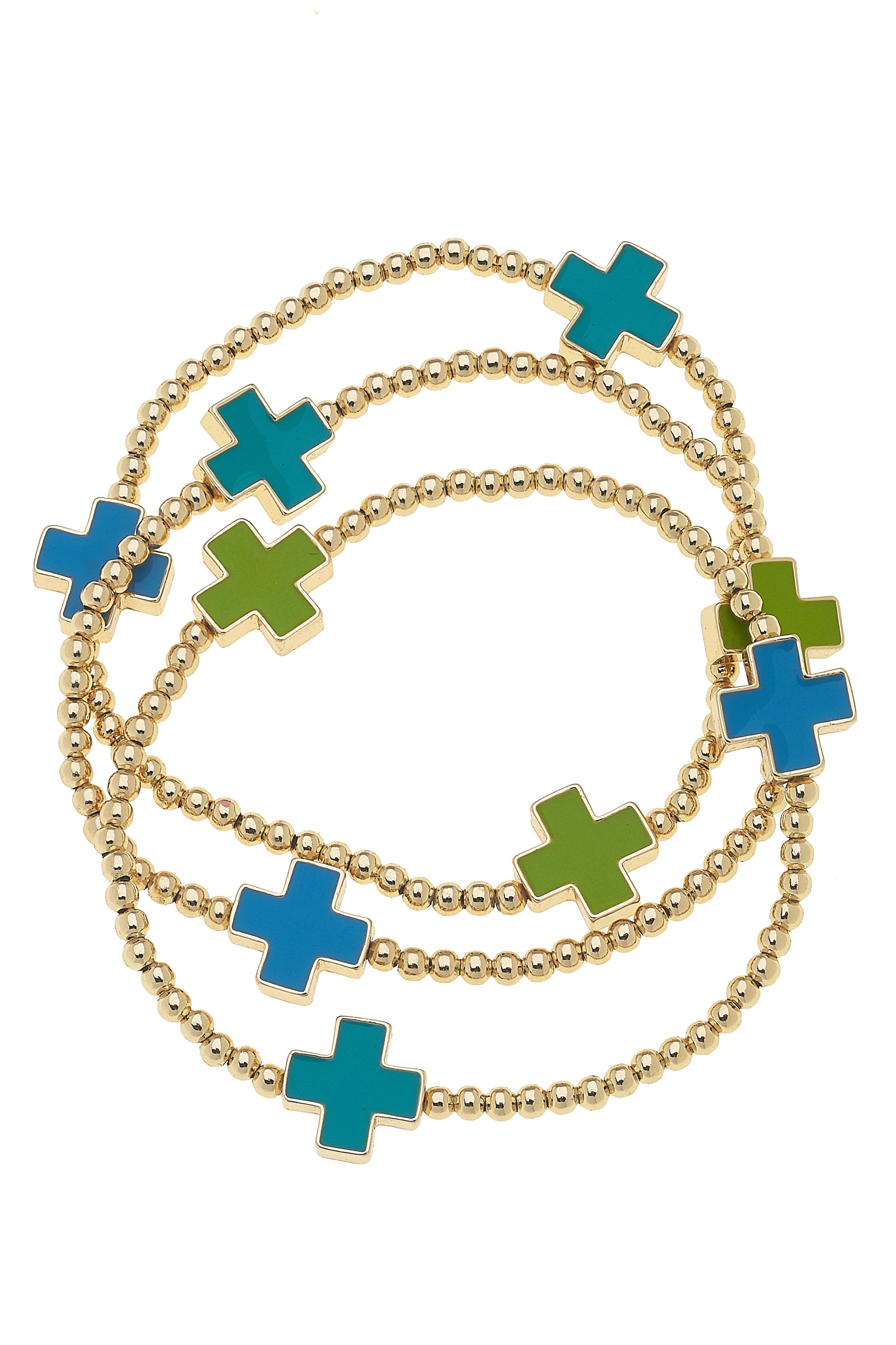 Green, turquoise, and blue stretch bracelets with enamel crosses and gold beads.