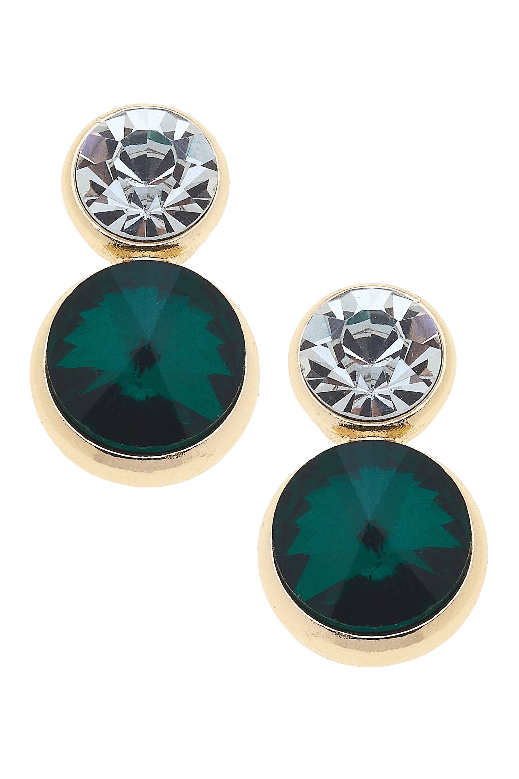 Gold drop earrings with clear and emerald green rhinestones.