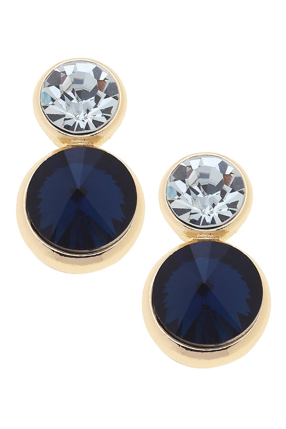 Gold drop earrings with clear and navy rhinestones.