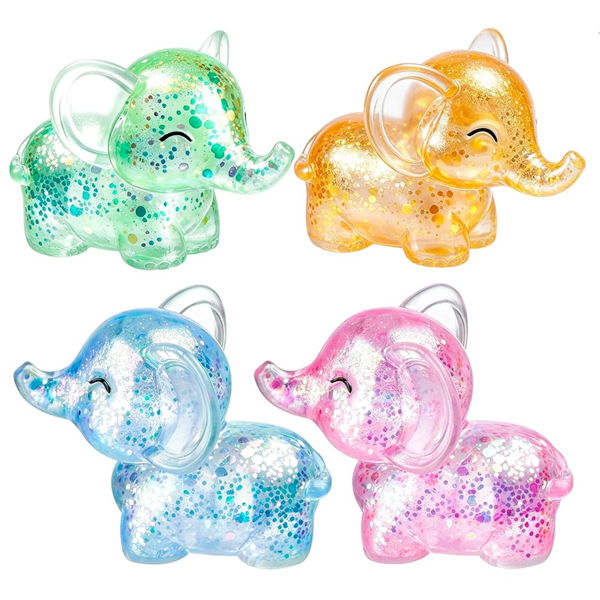 Glitter elephant squishy with soft sensory texture and sparkly finish.