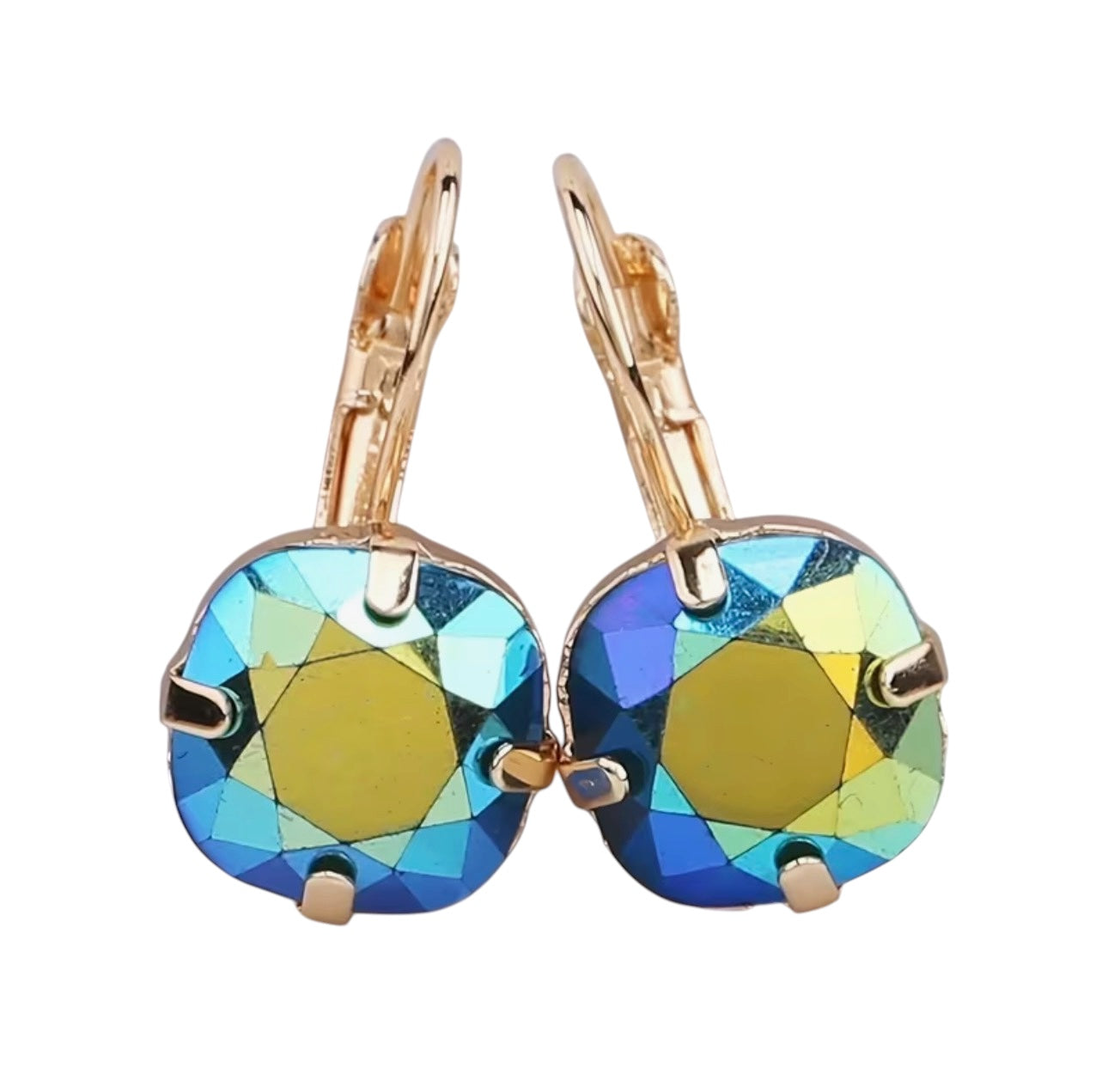 Gold tone drop earrings with faceted emerald AB gemstone and fishhook ear wire.