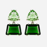 Two-tone emerald green square and triangle rhinestone dangle earrings.