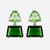 Two-tone emerald green square and triangle rhinestone dangle earrings.
