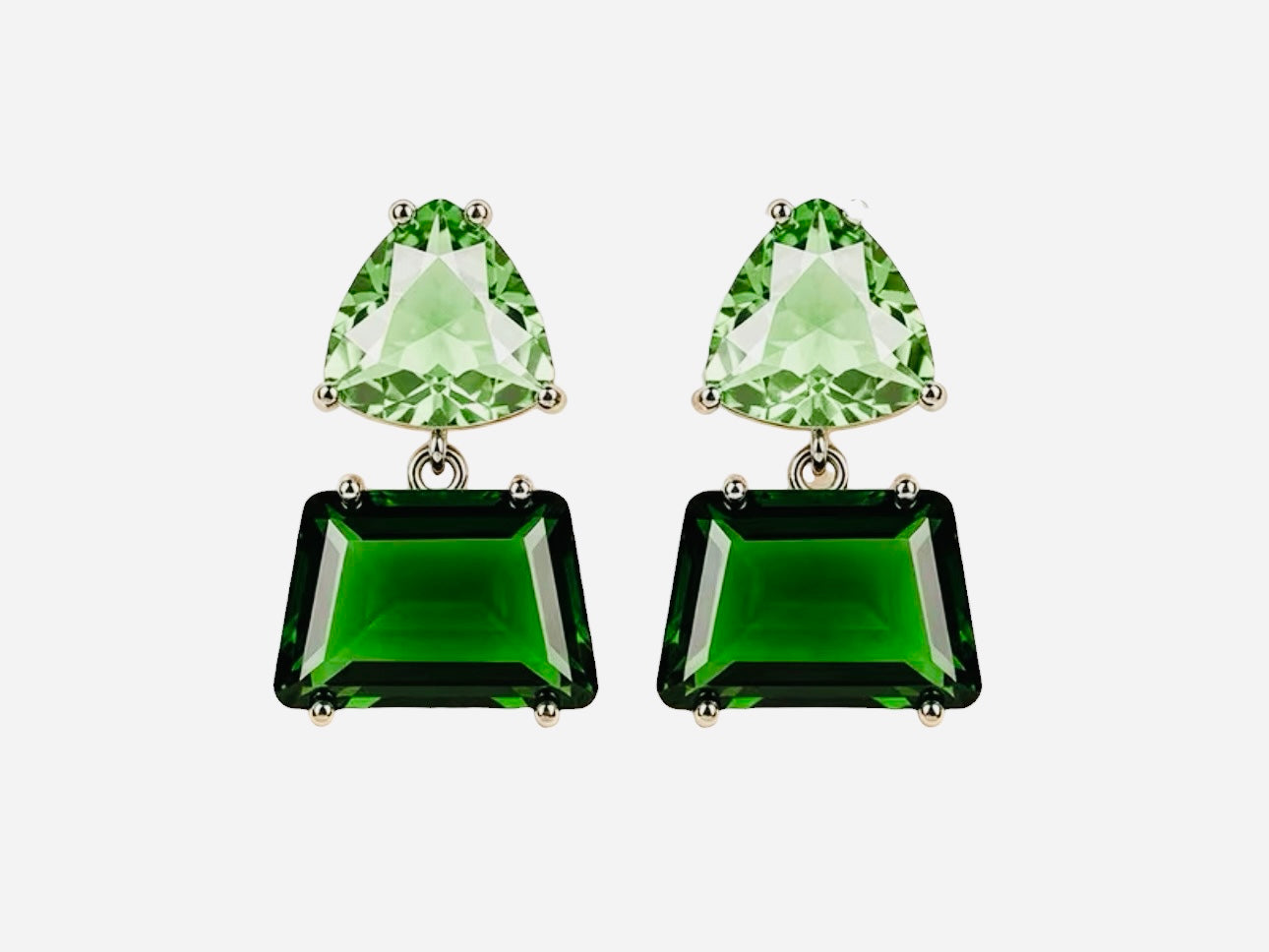 Two-tone emerald green square and triangle rhinestone dangle earrings.