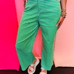 Green and white gingham straight leg pants with pockets and button front.