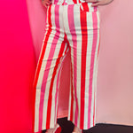 Pink multi stripe straight leg pants with pockets and tailored fit