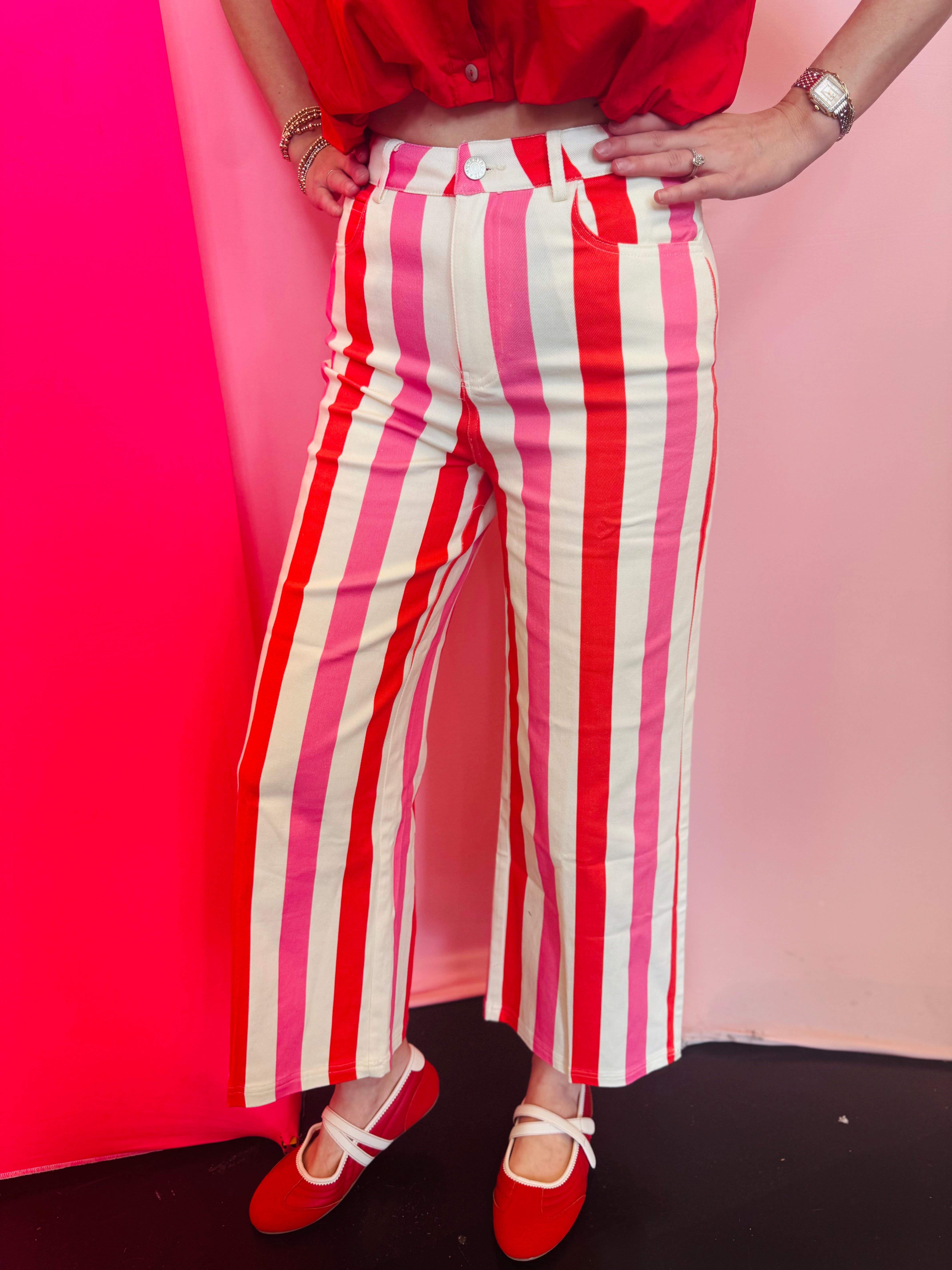 Pink multi stripe straight leg pants with pockets and tailored fit