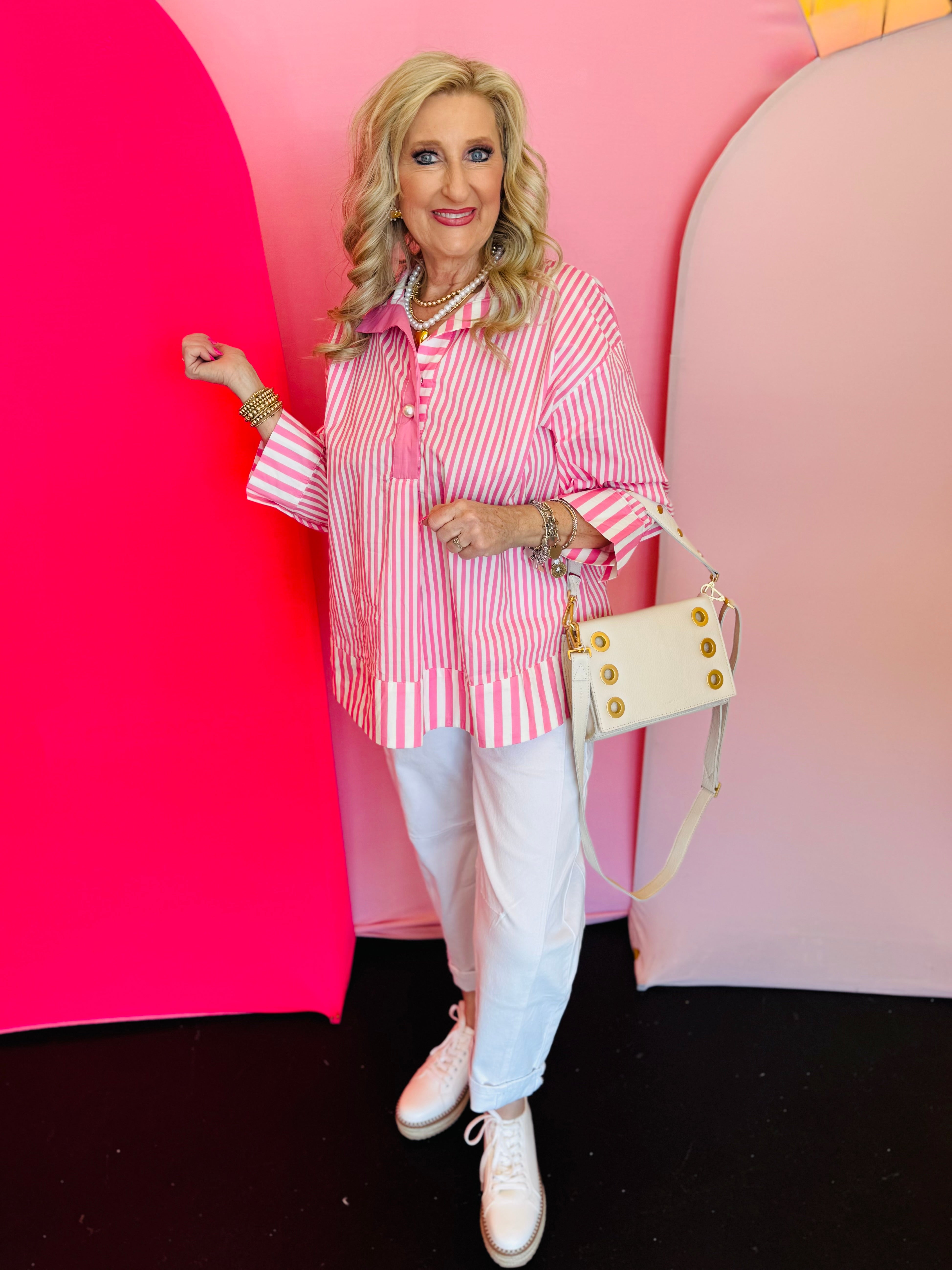 Pink and white striped peplum top with wide collar, pearl buttons, and 3/4 sleeves, lightweight cotton