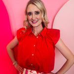 Red cap sleeve collared blouse with button front and gathered shoulder detail