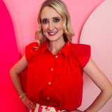 Red cap sleeve collared blouse with button front and gathered shoulder detail
