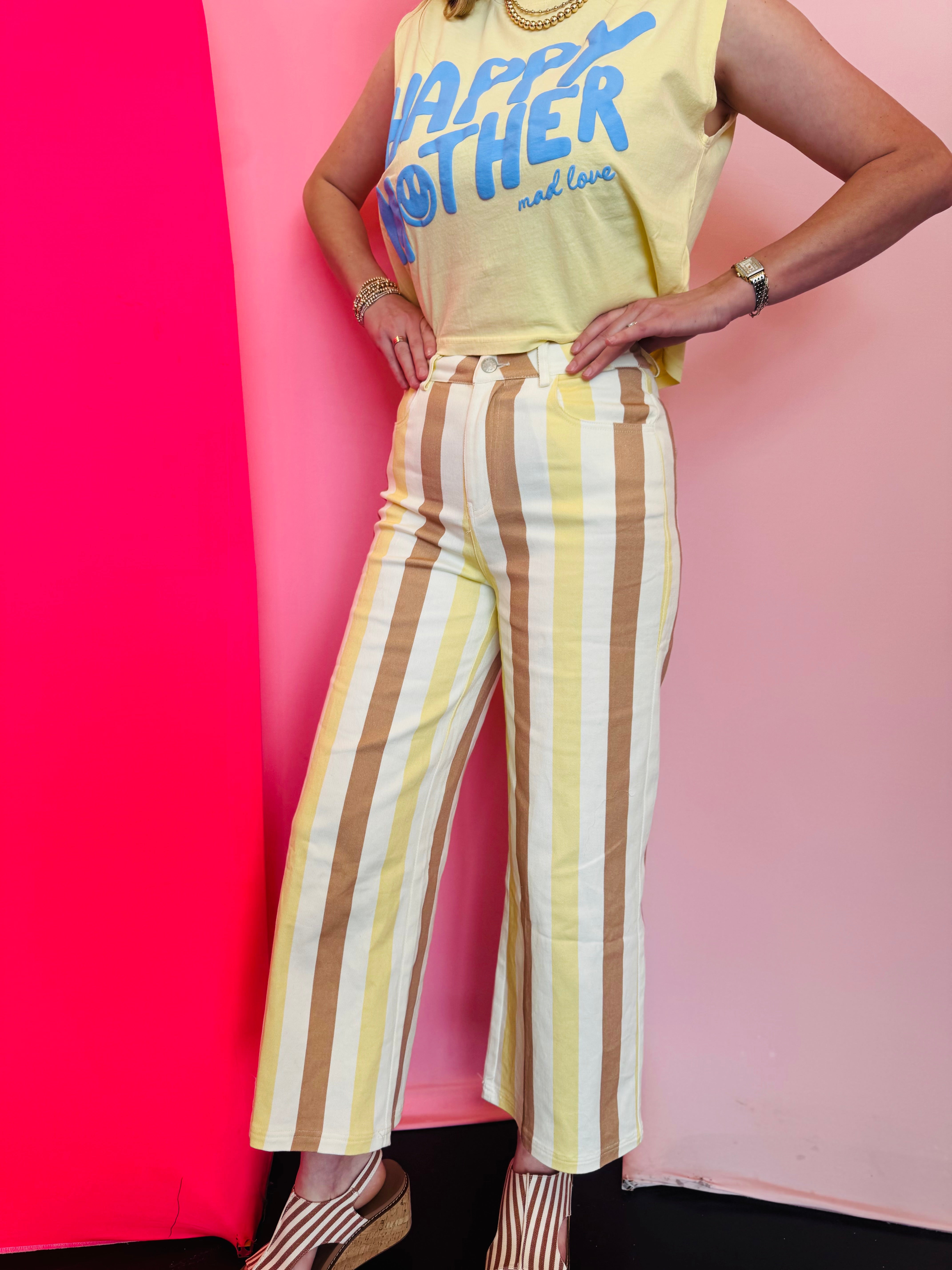 Sand striped straight leg pants with yellow tan cream stripes and pockets