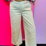 Yellow and white gingham straight leg pants with pockets and button front.