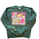 Deep green sweatshirt with Santa kneeling before baby Jesus and Philippians 2:10 message design.