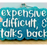 Expensive, Difficult & Talks Back freshie with humorous quote design.