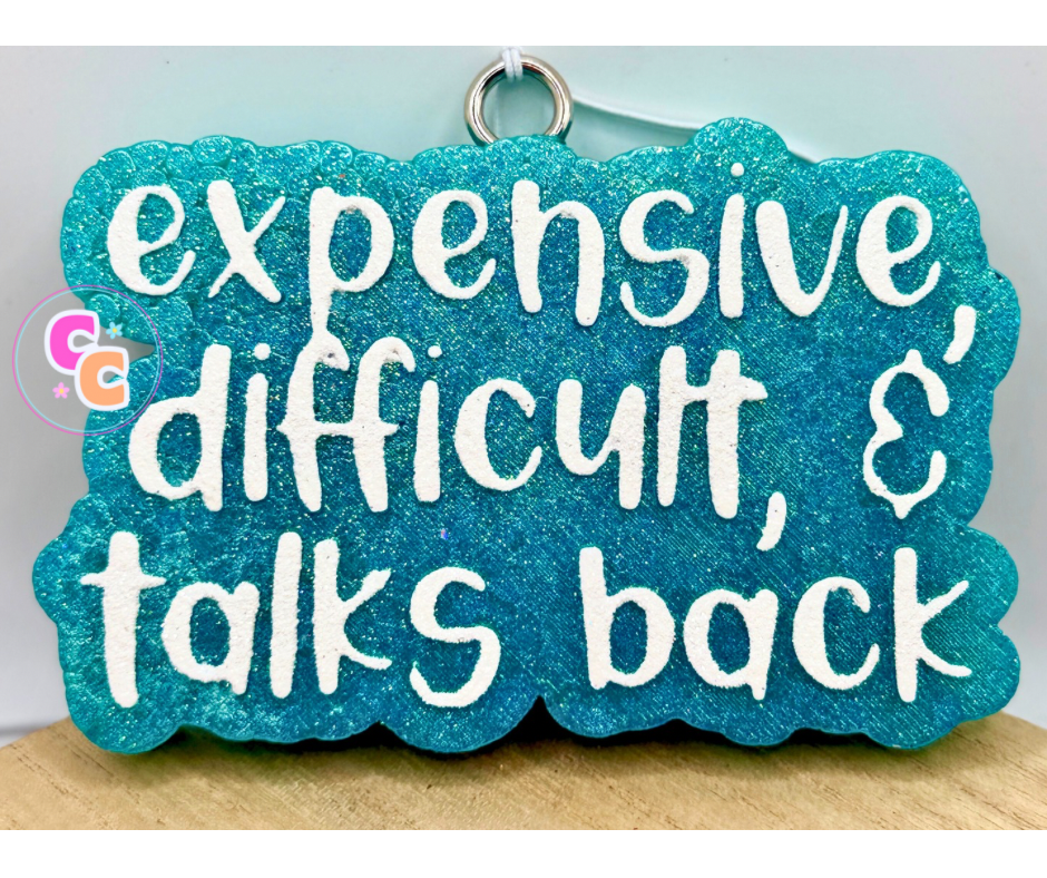 Expensive, Difficult & Talks Back freshie with humorous quote design.