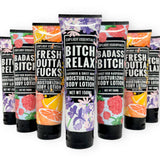 Explicit Essentials body lotion set with lavender mint, hibiscus citrus, and sweet raspberry scents.