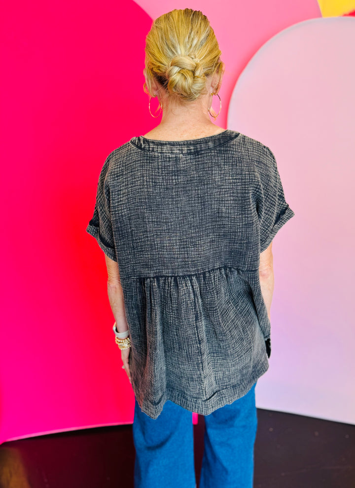 Ash Black Gauze Henley Neck Top