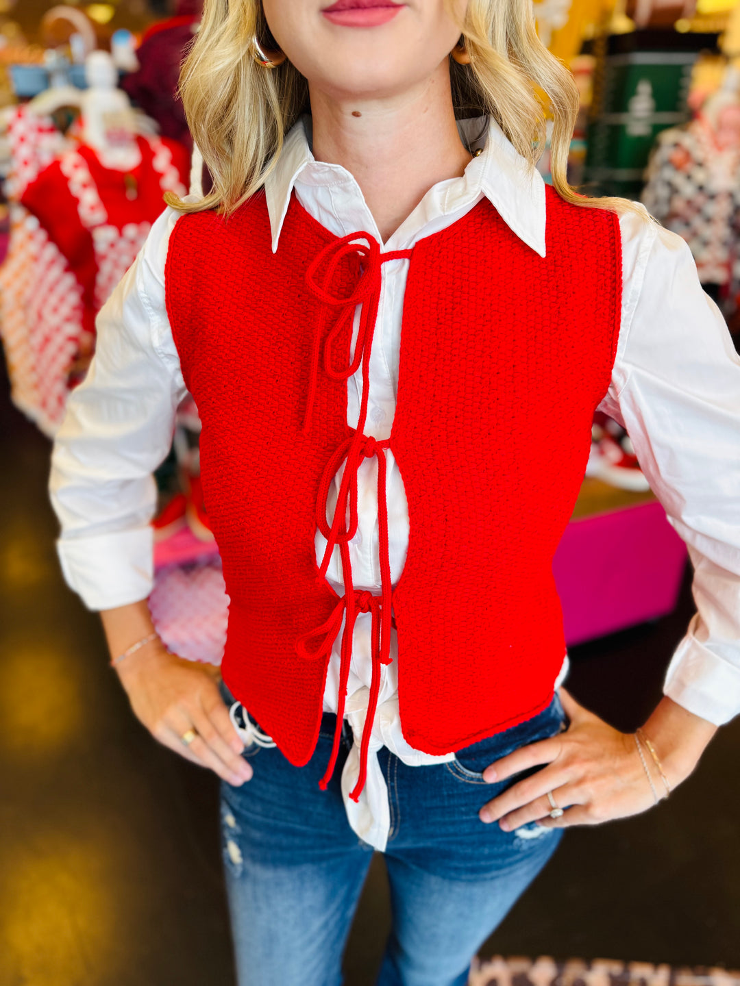 Red Tie Front Sweater Vest