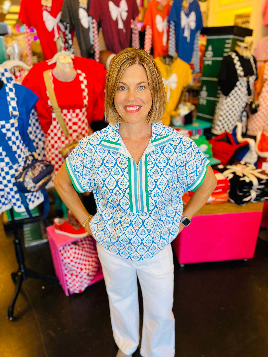 blue and white geometric floral half zip top
