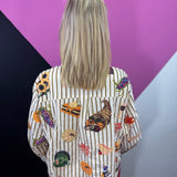 Queen Of Sparkles Beige Striped Thanksgiving Icon Cotton Button Up Top