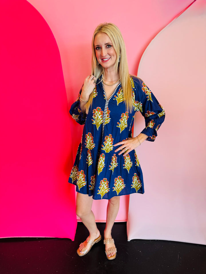 Navy Floral Detailed Dress