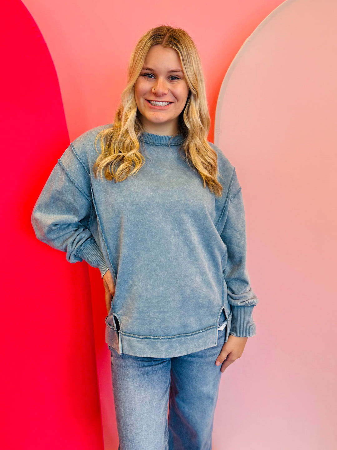 Blue Grey Acid Wash Fleece Sweatshirt