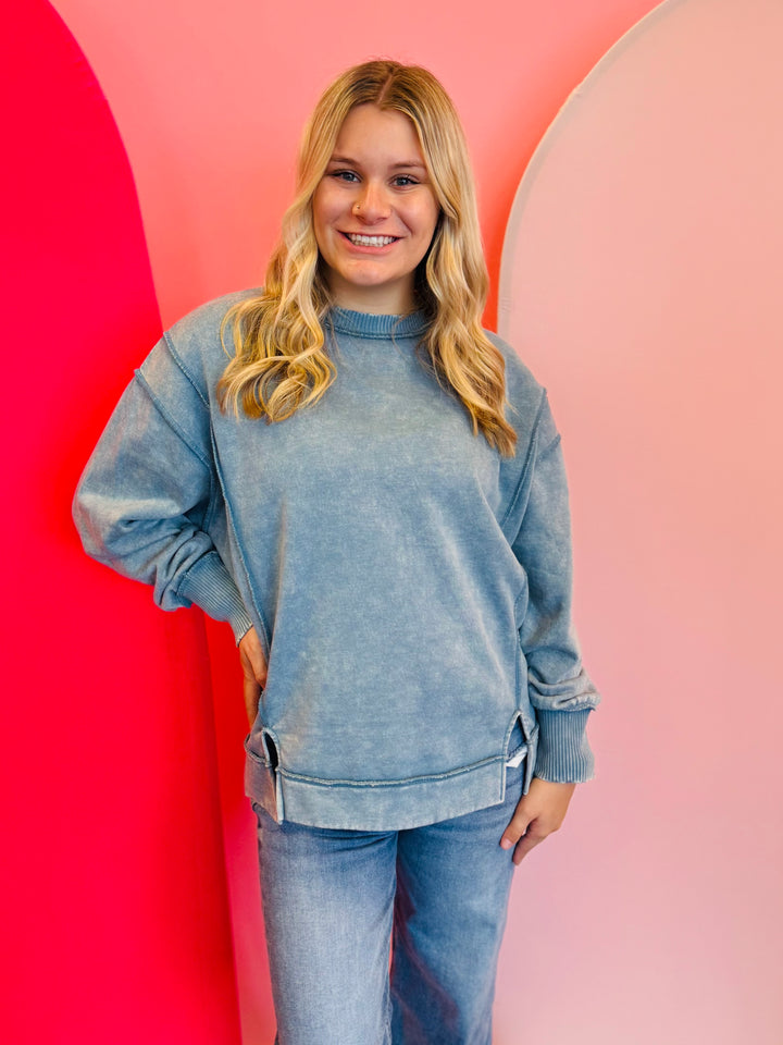 Blue Grey Acid Wash Fleece Sweatshirt