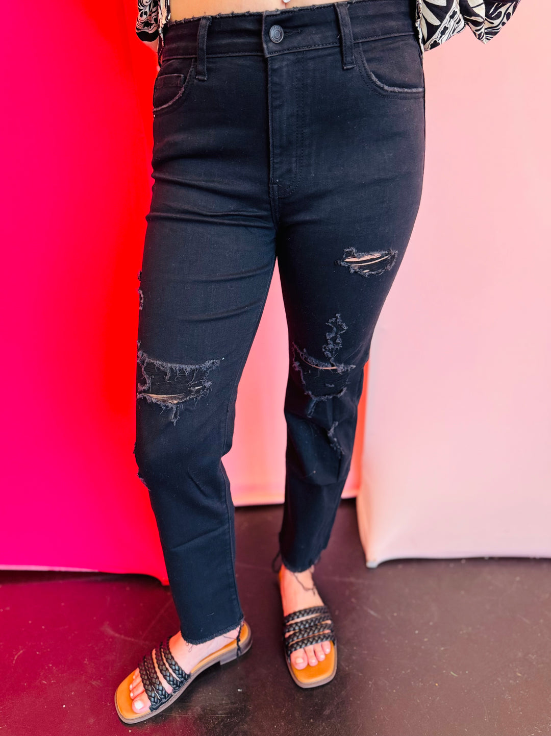 Zenana black distressed cropped denim jeans with high rise, cropped inseam, and comfortable stretch fit.