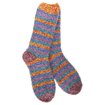 A pair of fuzzy, plush crew socks with a vibrant horizontal stripe pattern in bright, multi-colored rainbow stripes.