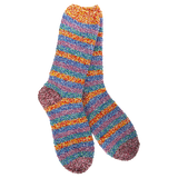 A pair of fuzzy, plush crew socks with a vibrant horizontal stripe pattern in bright, multi-colored rainbow stripes.