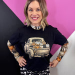Black fall tee with vintage pickup truck filled with colorful patterned pumpkins.