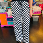 Black and white checkered wide leg jogger pants.