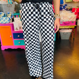 Black and white checkered wide leg jogger pants.